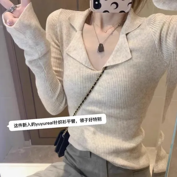 高级感软糯翻领毛衣内搭针织衫女设计感上衣polo衫打底衫早秋新款