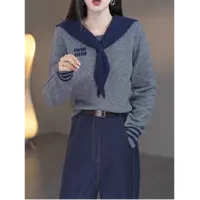 海军领假两件针织打底衫女秋冬季2025新款上衣字母刺绣毛衣设计感