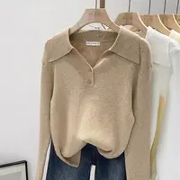 百搭Polo领显瘦套头长袖针织衫女2025春新款毛衣内搭打底上衣翻领