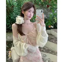 白水女【春日小花~】法式花边拼接温柔粉色吊带碎花连衣裙B4025072