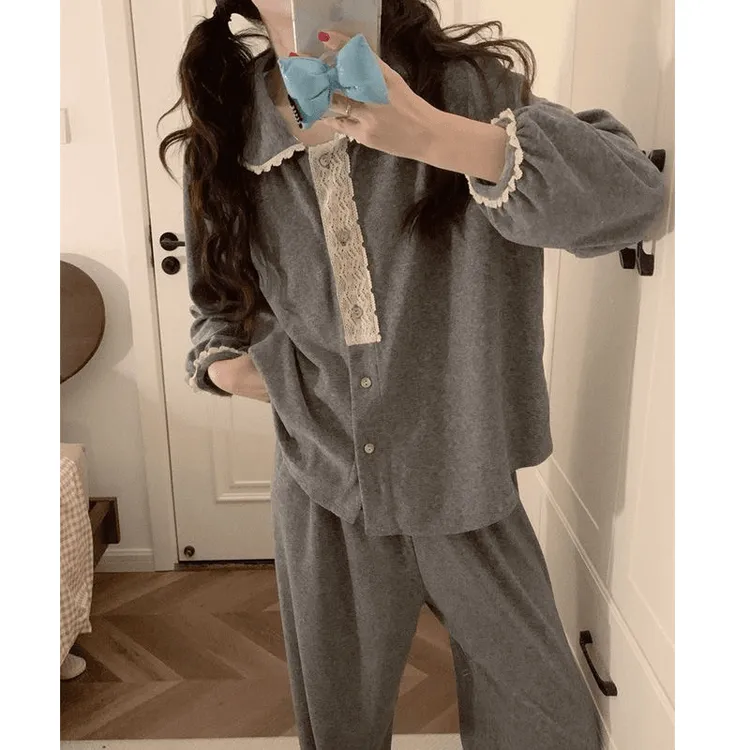 睡衣女棉爆款秋冬季新款高级感甜美小翻领长袖可外穿家居服套装