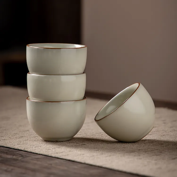 高端黄汝窑素面小客杯禅定杯功夫茶杯喝茶杯开片茶具送伴手礼物