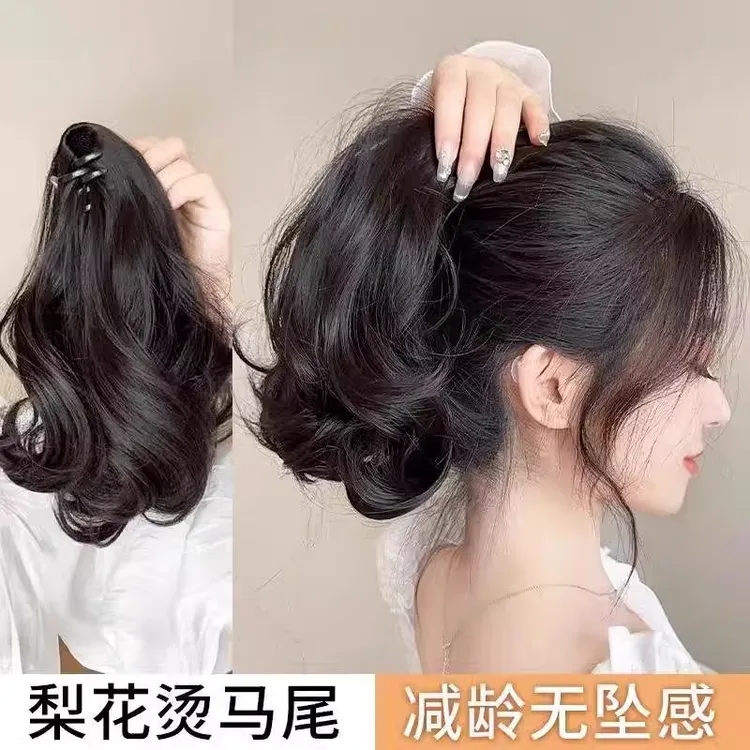 马尾假发抓夹卷发短马尾女自然仿真发绑带高马尾梨花卷可扎低马尾