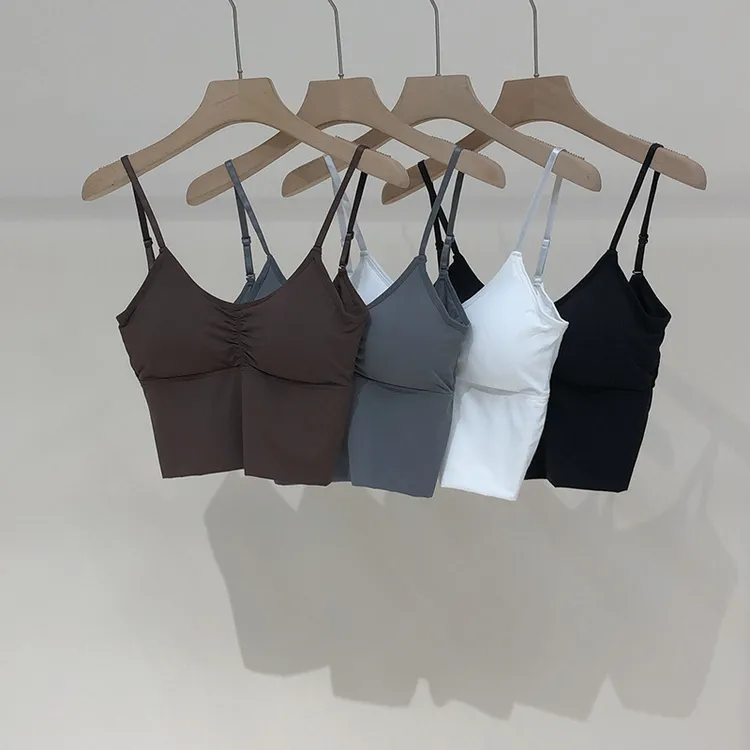 东大门冰丝u型美背无痕小吊带背心女夏 外穿短款内搭打底带胸垫潮