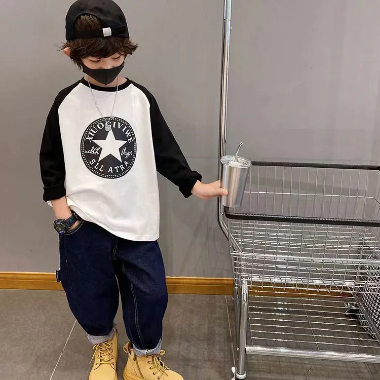 儿童春秋洋气拼接长袖潮童韩版宽松穿搭男童秋季潮牌上衣打底