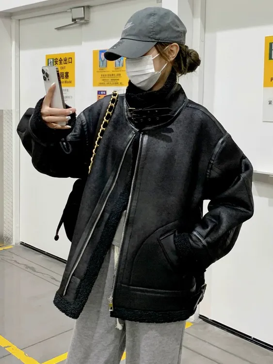 韩版皮毛一体羊羔加厚加绒冬季外套2025秋冬休闲百搭时尚潮流保暖