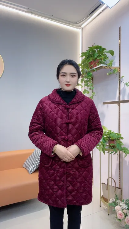 妈妈装加绒保暖加厚灯芯绒盘扣冬季棉服时尚中老年翻领加厚中长款