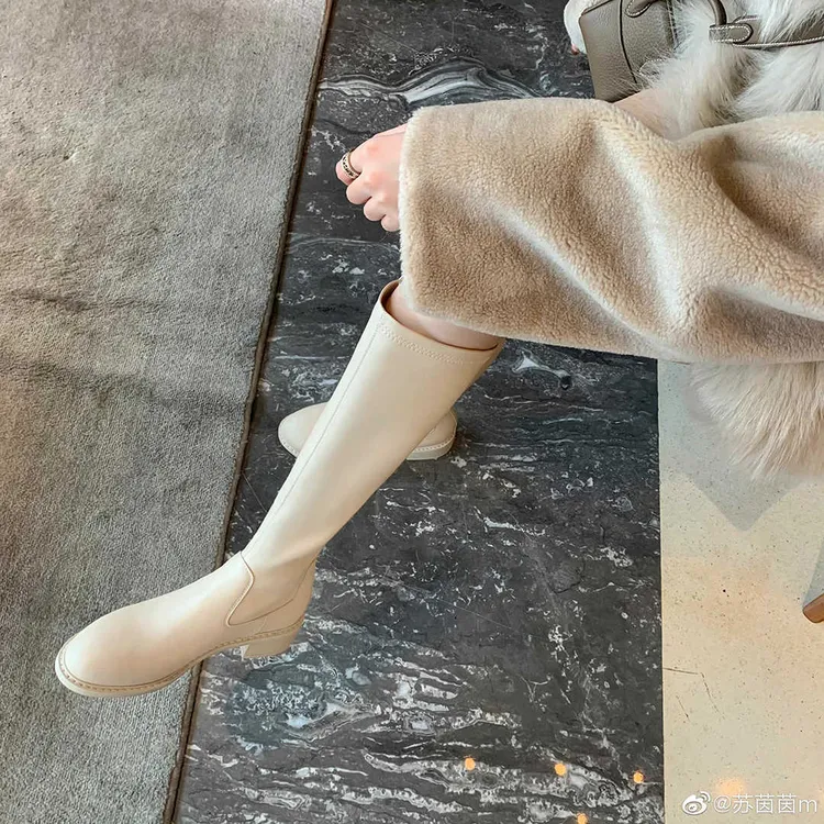 苏茵茵白色高档长筒靴女款瘦腿靴爆款气质显瘦骑士长靴214T1012