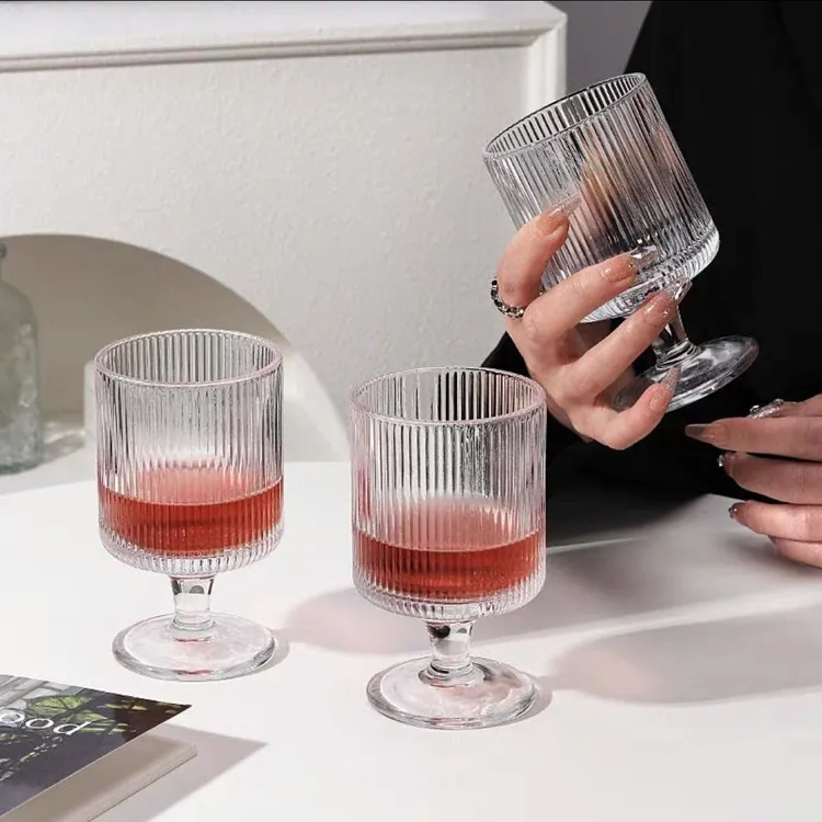 【4只装】复古高颜值加厚混合竖纹酒杯玻璃杯果汁杯甜品高脚杯透明