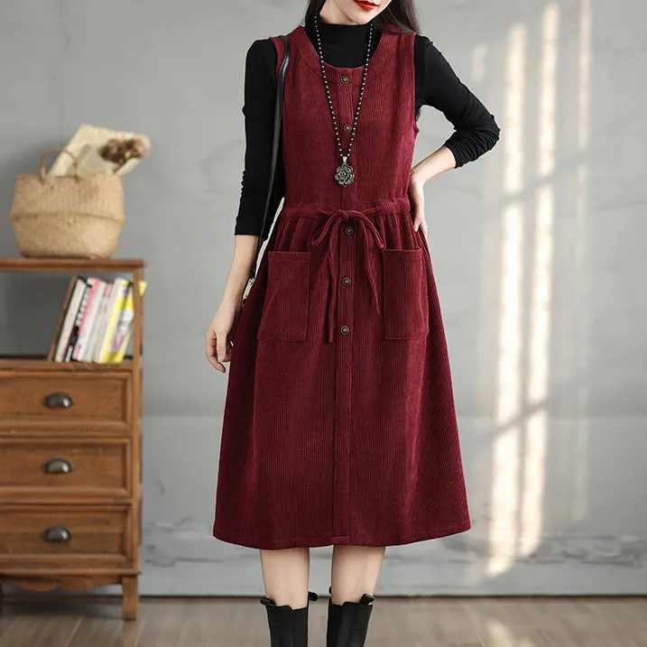 2025秋冬新款全棉灯芯绒背带裙女减龄时尚妈妈装修身背心裙秋冬款