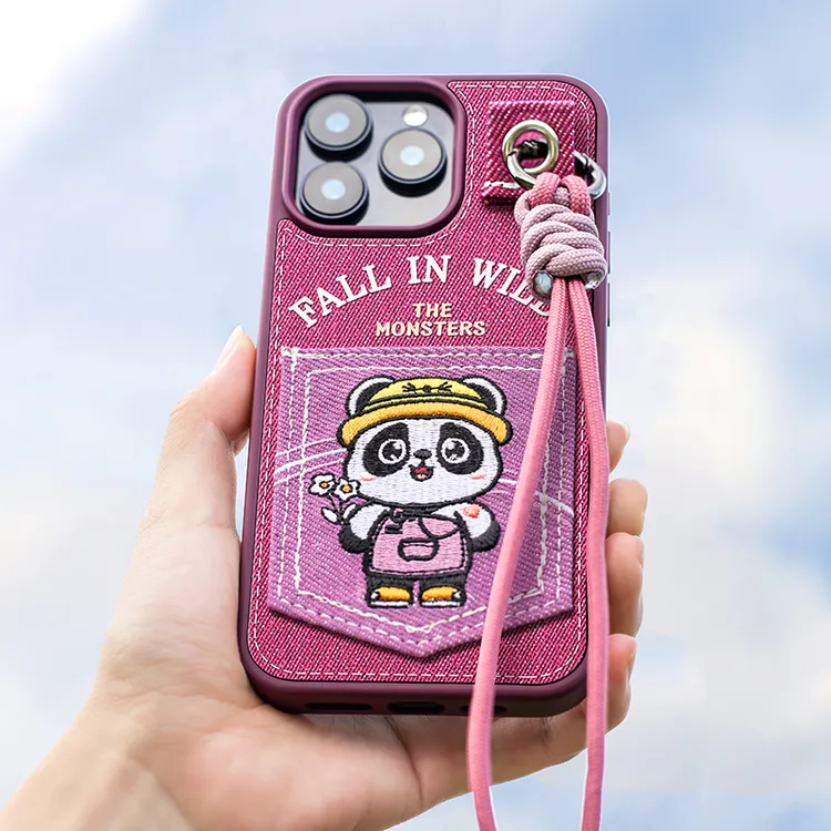 适用iphone16手机壳苹果15新款14pro牛仔卡包刺绣绳13promax潮牌