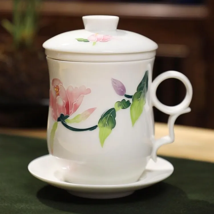 成艺满堂春粉彩人工手绘茶水分离办公室四件套茶杯带网红茶器