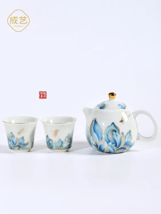 情投意荷一壶两杯描金泡茶壶家用品茗杯礼盒装商务伴手意龙蛋壶