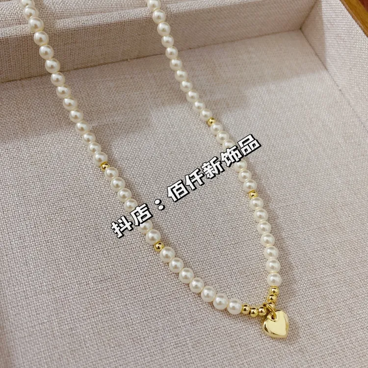 铜合金仿珍珠项链 女欧美时尚气质简约百搭金属爱心吊坠珠珠项链