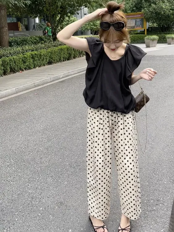 韩系洋气米色波点阔腿裤女夏季新款高腰透气宽松哈伦裤直筒九分裤