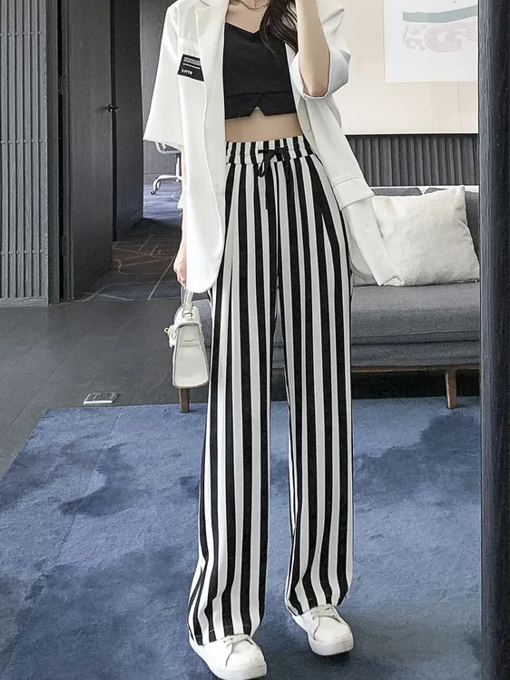 窄版条纹冰丝阔腿裤夏季薄款女小个子2024新款高腰垂感裤子直筒裤