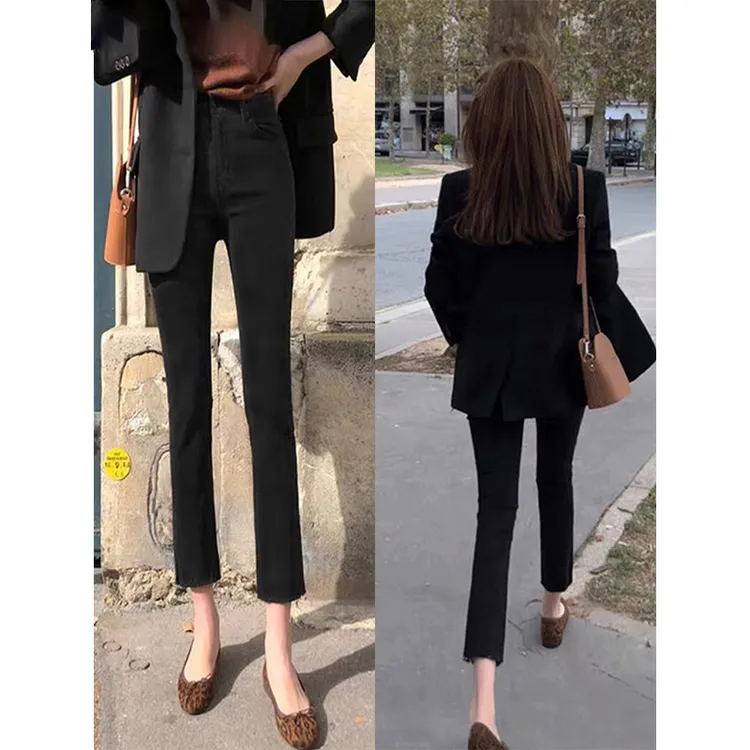 黑色直筒牛仔裤女九分裤2025秋冬加绒加厚新款高腰修身八分烟管裤