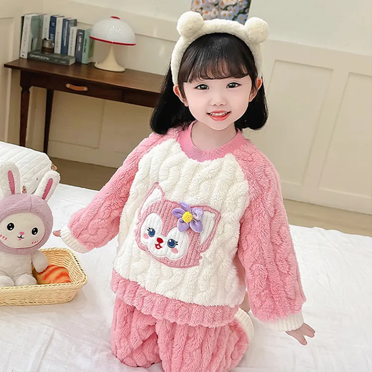 儿童卡通睡衣女童秋冬加厚保暖可爱新款家居服宝宝珊瑚法兰绒套装