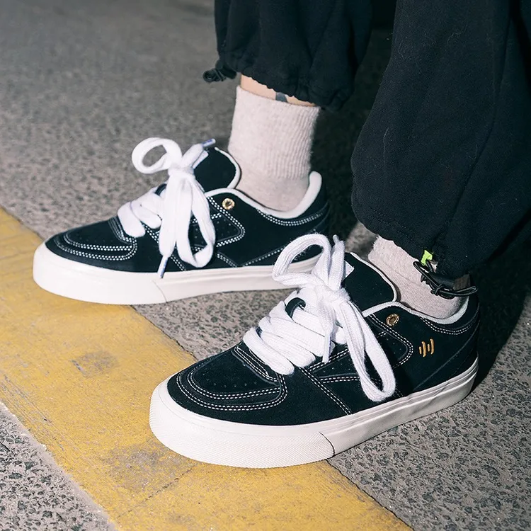 顽刻ollieskate Bright系列明线黑白烫金翻毛皮男女鞋运动滑板鞋