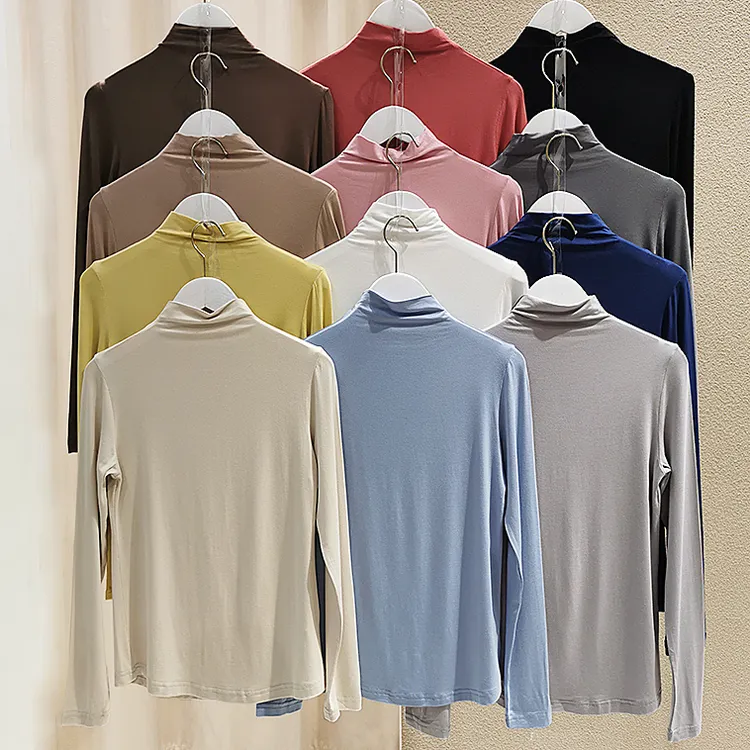 新款莫代尔面料半高领打底衫长袖面膜t恤女 秋冬内搭薄款修身上衣