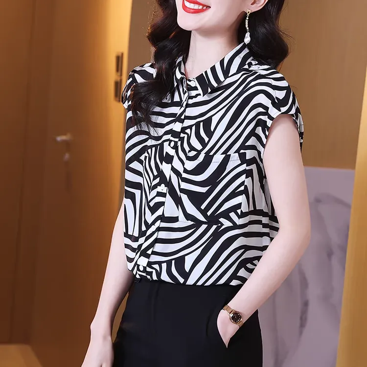 条纹印花真丝衬衫夏季气质时尚遮肚显瘦衬衣洋气设计感桑蚕丝上衣