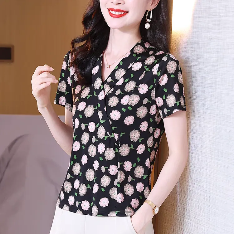 v领针织真丝衬衫夏季气质修身显瘦t恤小衫洋气时尚百搭桑蚕丝上衣