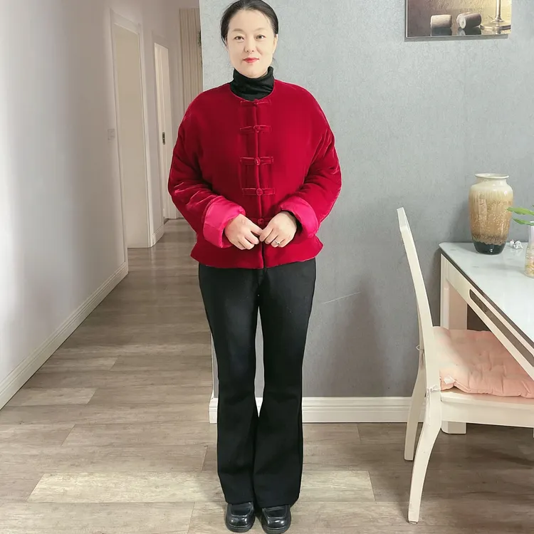 真丝丝绒红色棉衣中式手工盘扣复古保暖夹棉上衣新年红桑蚕丝棉服