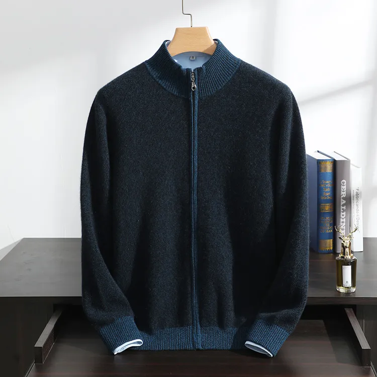 休闲立领羊绒衫男士冬季开衫外套加厚保暖半高领立领秋冬针织开衫