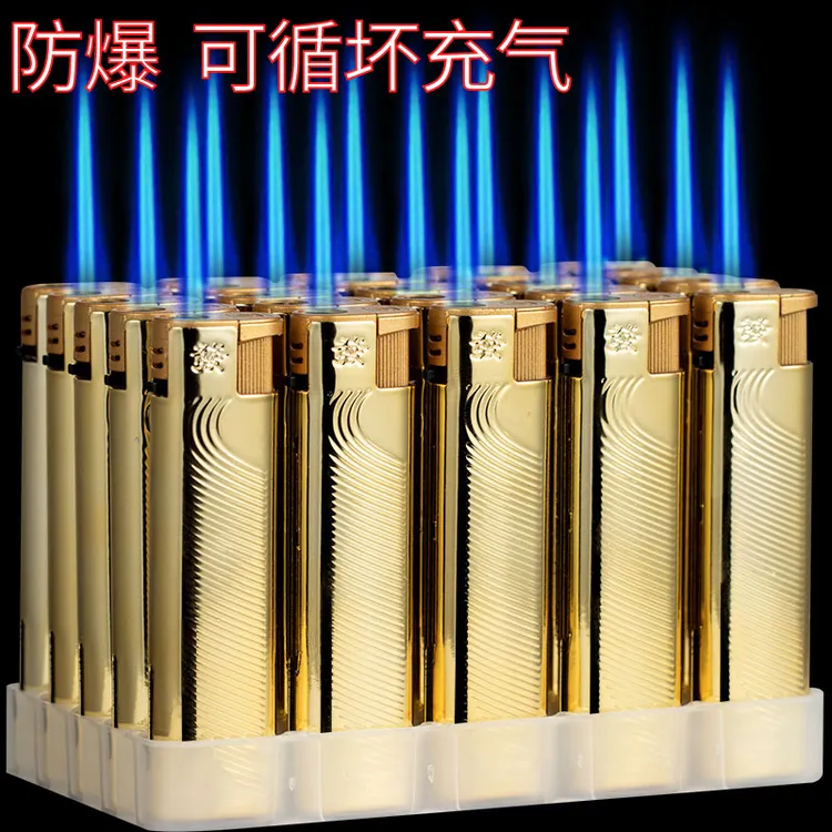 爆款高档格纹金属蓝焰防风打火机可充气网红时尚精致耐用厂家直销