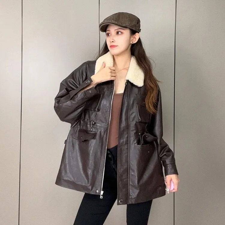 2025年秋季真皮加棉皮衣女油蜡羊皮休闲宽松中长保机车服外套外套