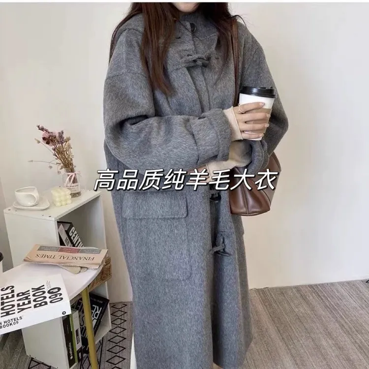 加厚阿尔巴卡羊驼双面羊毛大衣女长款2025新款韩版宽松牛角扣外套