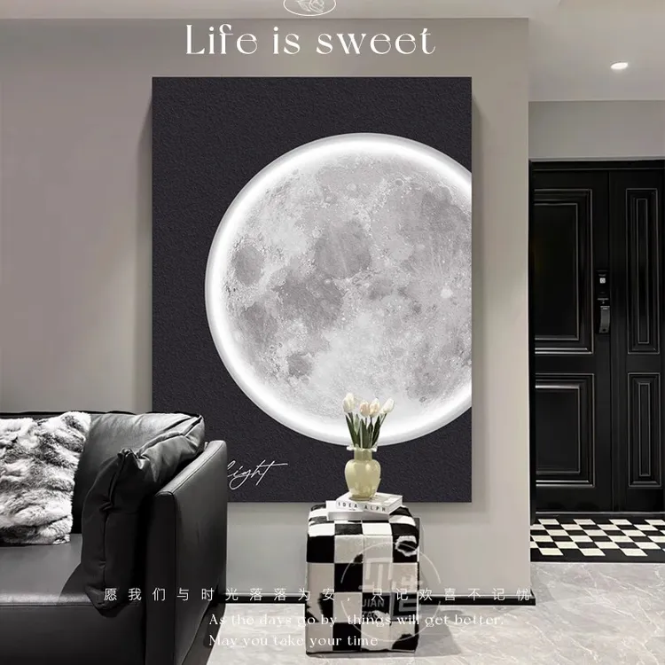 玄关画黑白月球砂岩装饰画客厅时尚沙发艺术背景墙挂画创意画
