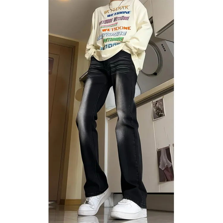 黑色渐变微喇牛仔裤男款秋季cleanfit美式高街vibe裤子显瘦直筒裤