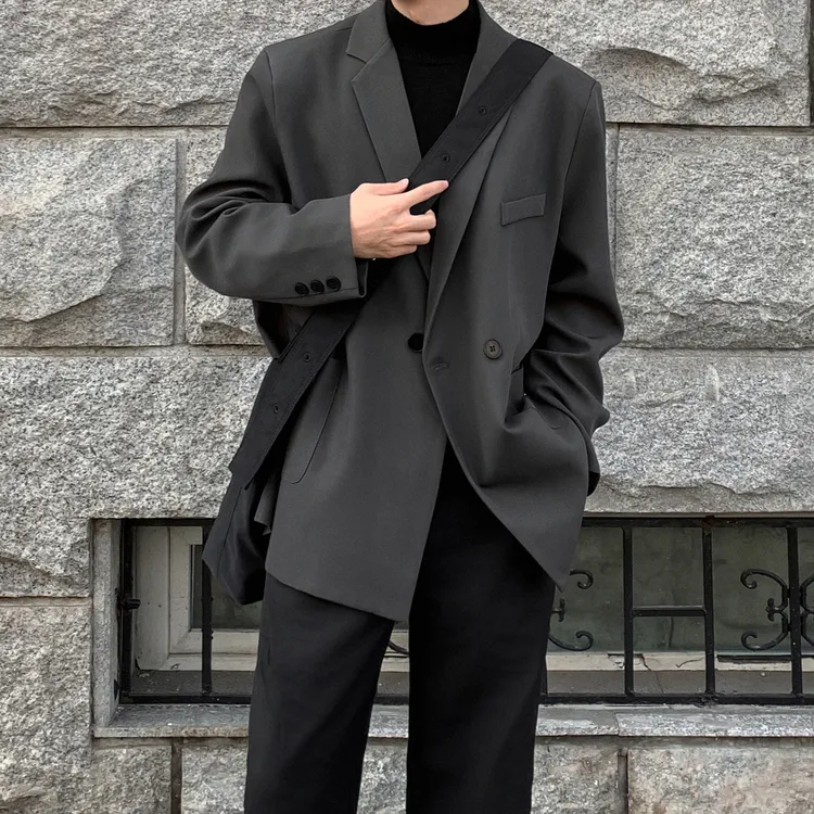 深灰色cleanfit西装外套男高级感痞帅英伦雅痞男装戗驳领垫肩西服