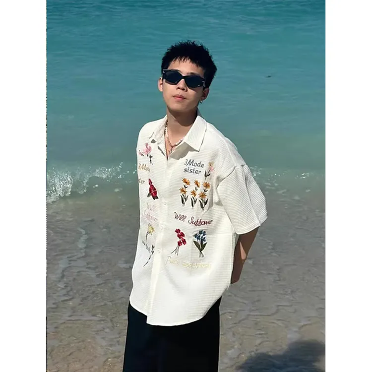 华夫格刺绣短袖衬衫男夏季高级感cleanfit五分半袖衬衣海滩外套潮