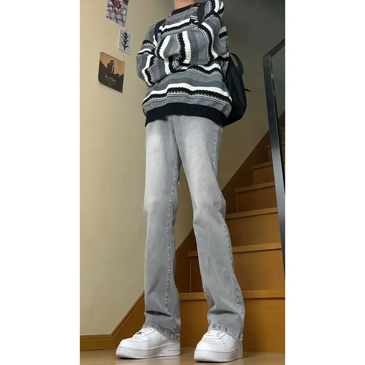 美式cleanfit牛仔裤男秋冬穿搭vibe风弯刀黑色裤子显瘦直筒微喇裤
