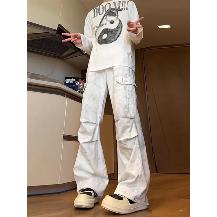 白色扎染脏脏牛仔裤男春秋美式hiphop褶皱工装裤直筒微喇伞兵裤子