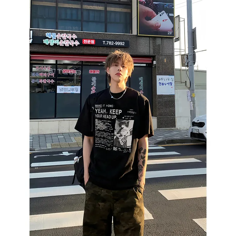 古着vintaget恤男款纯棉重磅小领口黑色短袖美式高街夏季五分半袖