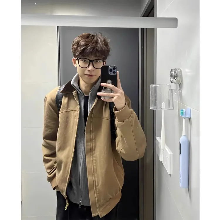 深卡其色短款外套男春秋款美式复古vintage底特律工装立领夹克潮