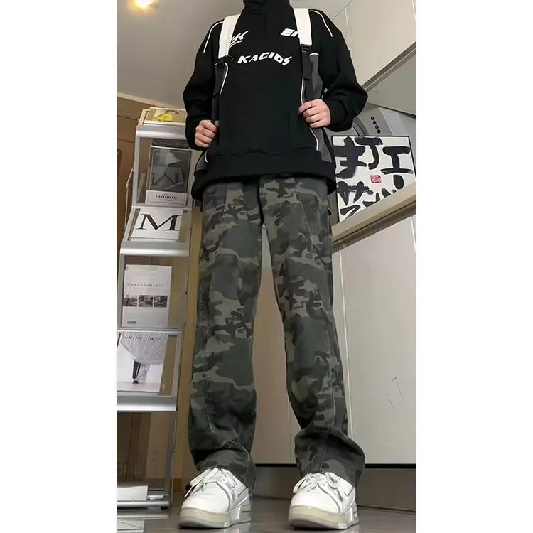 美式复古迷彩牛仔裤男款春秋季高街vibe裤子阔腿微喇伐木工装长裤