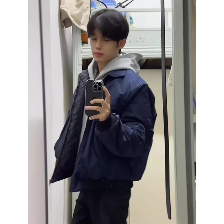 宝蓝色美式飞行夹克棉服男秋冬痞帅高级感外套cleanfit翻领棒球服