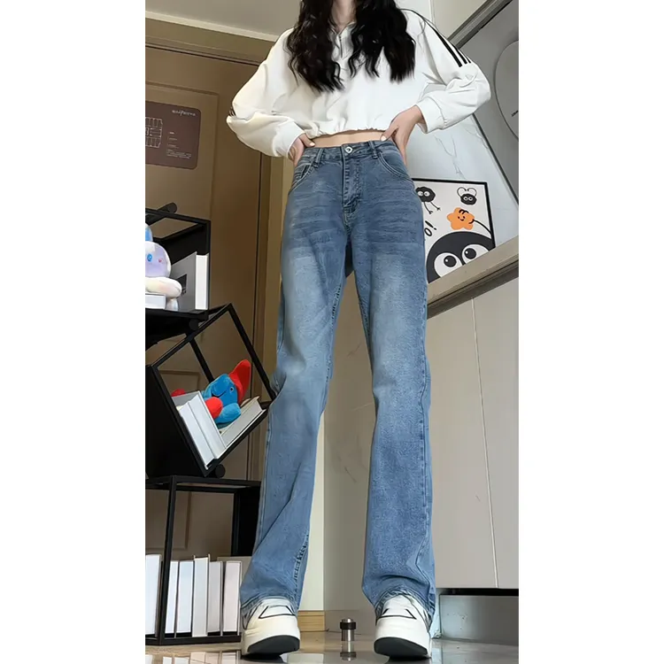 浅蓝色直筒修身牛仔裤男高个子显瘦显腿长窄版vibe高街弹力微喇裤