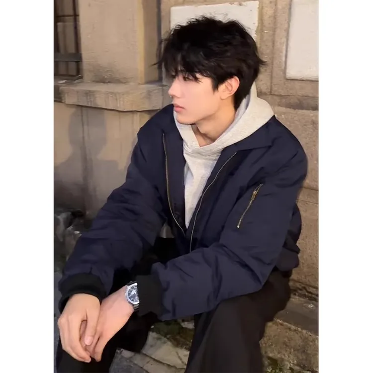 藏青色飞行员夹克外套男春秋款cleanfit美式廓形bomber短款棒球服