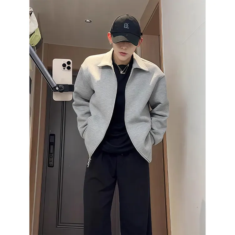 cleanfit高级感花灰色短款外套男款美式复古双头拉链正肩翻领夹克