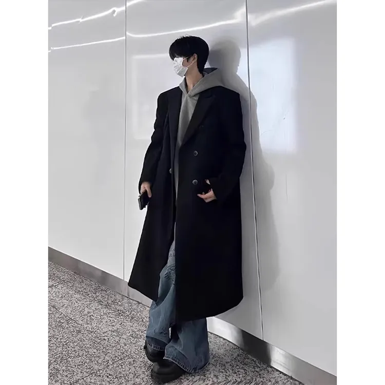 韩系氛围感穿搭垫肩毛呢大衣男中长款双排扣高级感高个子风衣外套