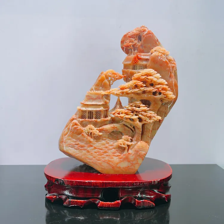 精品国石雕刻 锦绣山河 天然国石纯手工雕刻摆件寿山石青田石雕