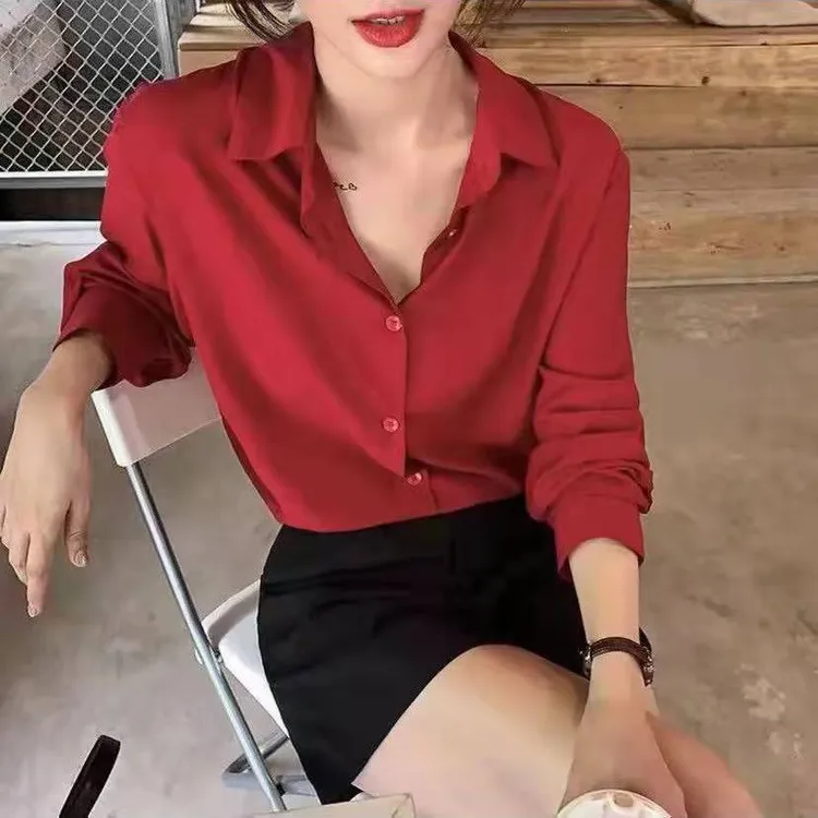  高端醋酸缎面衬衫女新款复古风设计感小众长袖衬衣