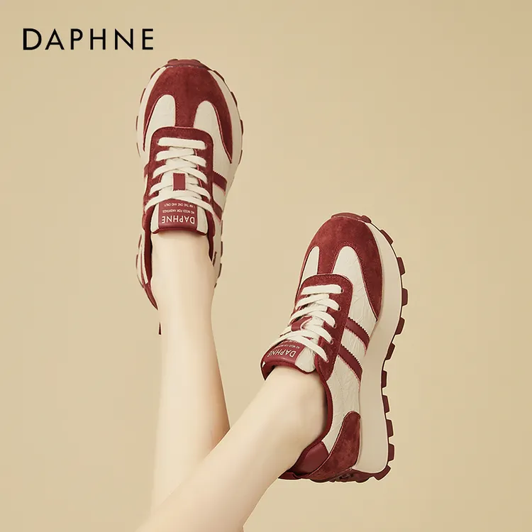 达芙妮真皮厚底红色小蛮腰阿甘鞋女2025冬季新款轻便舒适老爹女鞋