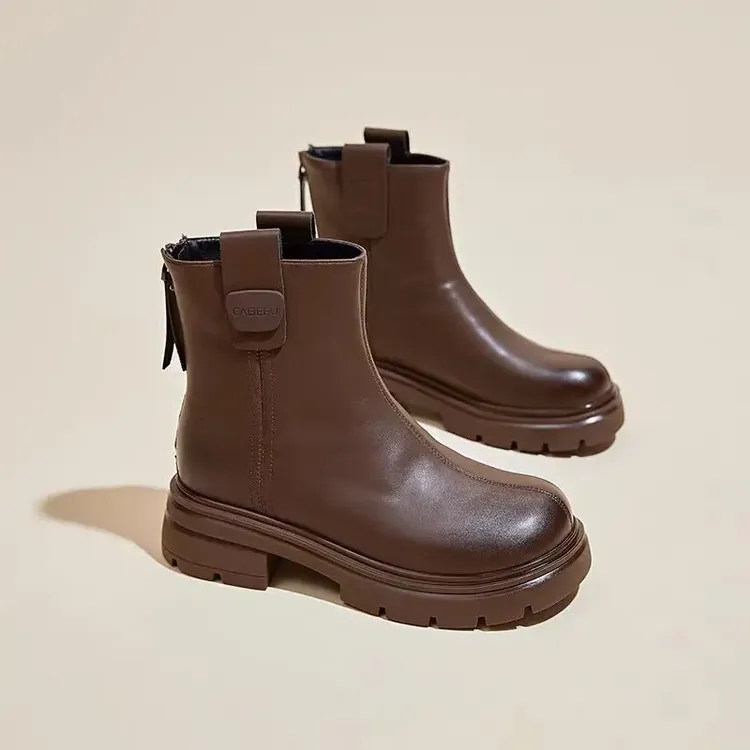 SHEMUGE新款时尚百搭复古厚底瘦瘦靴粗跟软底保暖舒适英伦马丁靴