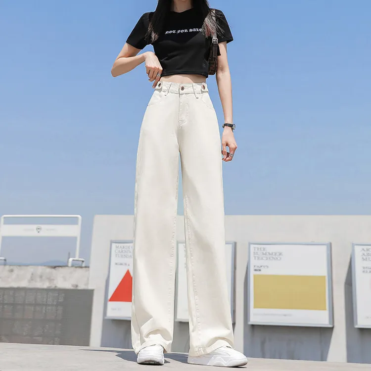 2025春秋白色垂感牛仔裤女款直筒长裤宽松高腰显瘦时尚百搭阔腿裤